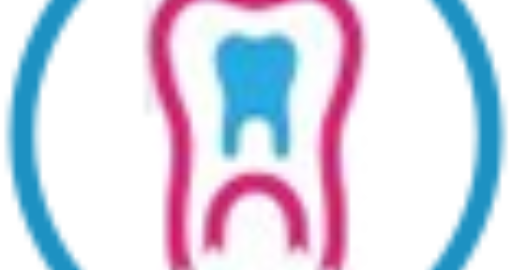 A tooth with a blue and pink logo in the middle.